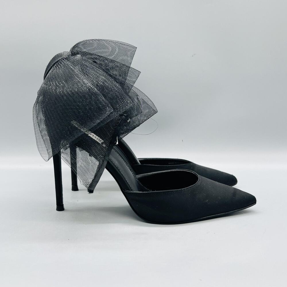 Steve Madden Shoes Womens 8 Black Satin Valenteen Mesh Bow Ankle Stiletto Pumps
